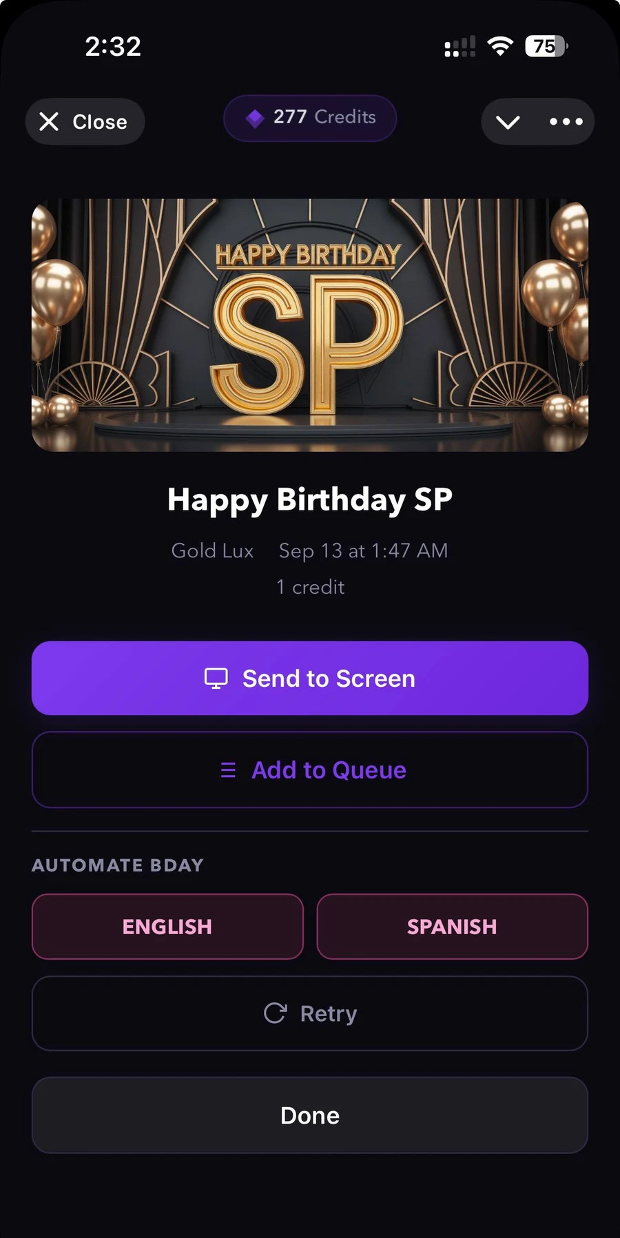 Generated Greetly poster with Send to Screen and Add to Queue controls