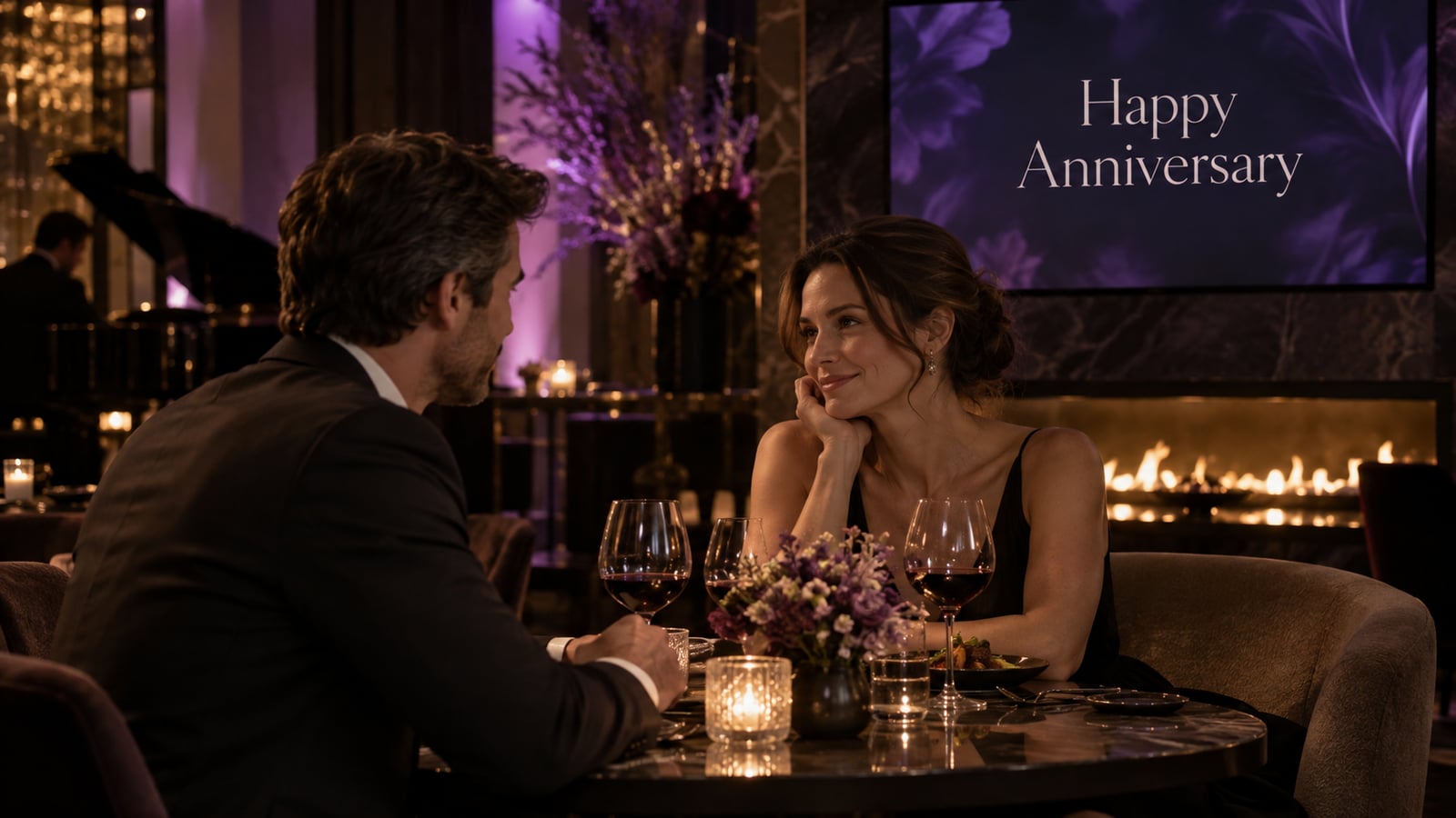 Illustrative venue scene: Venue photo — intimate table for two with anniversary screen (16:9)