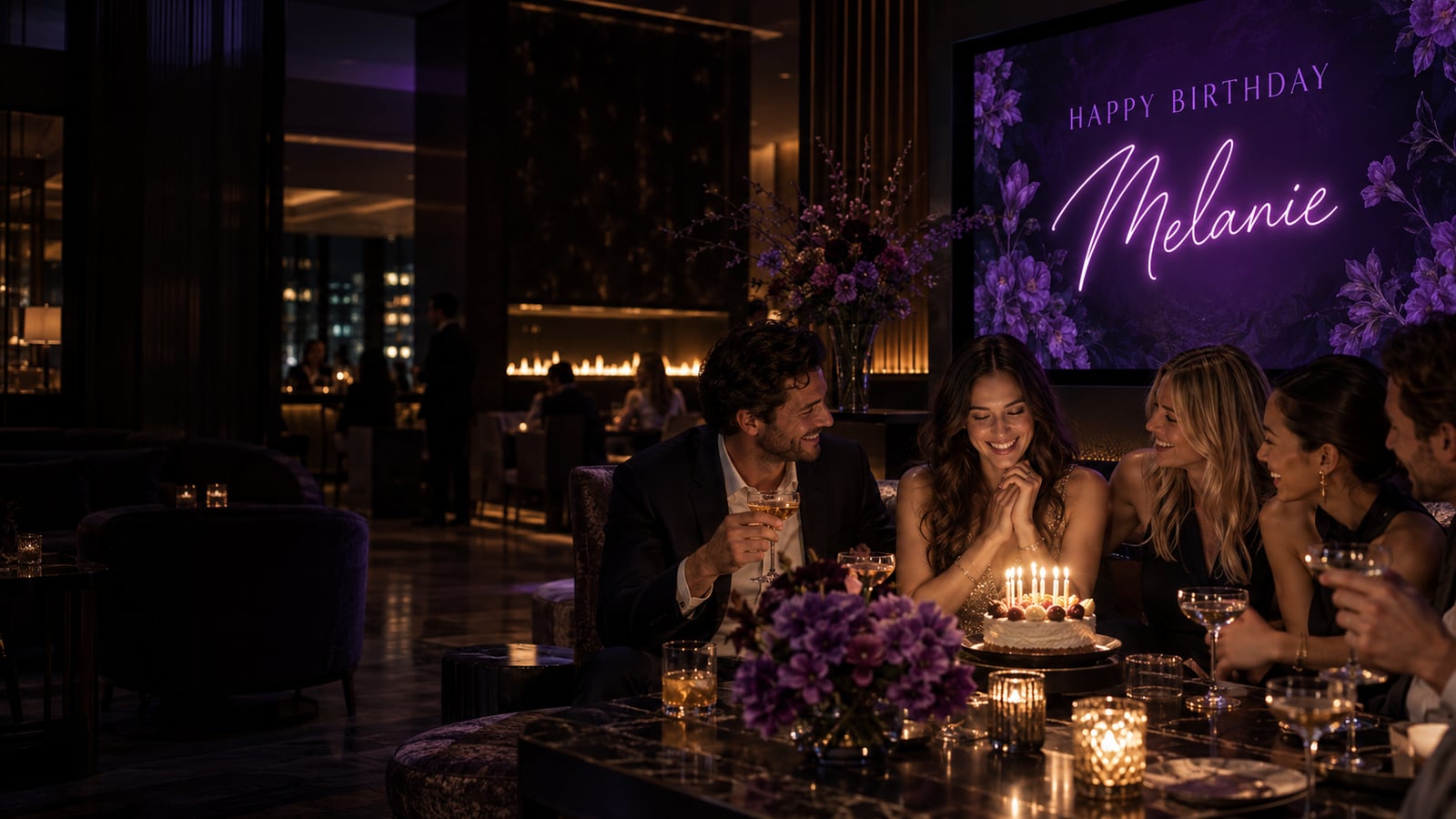 Illustrative birthday celebration with Melanie's personalised visual on a lounge screen