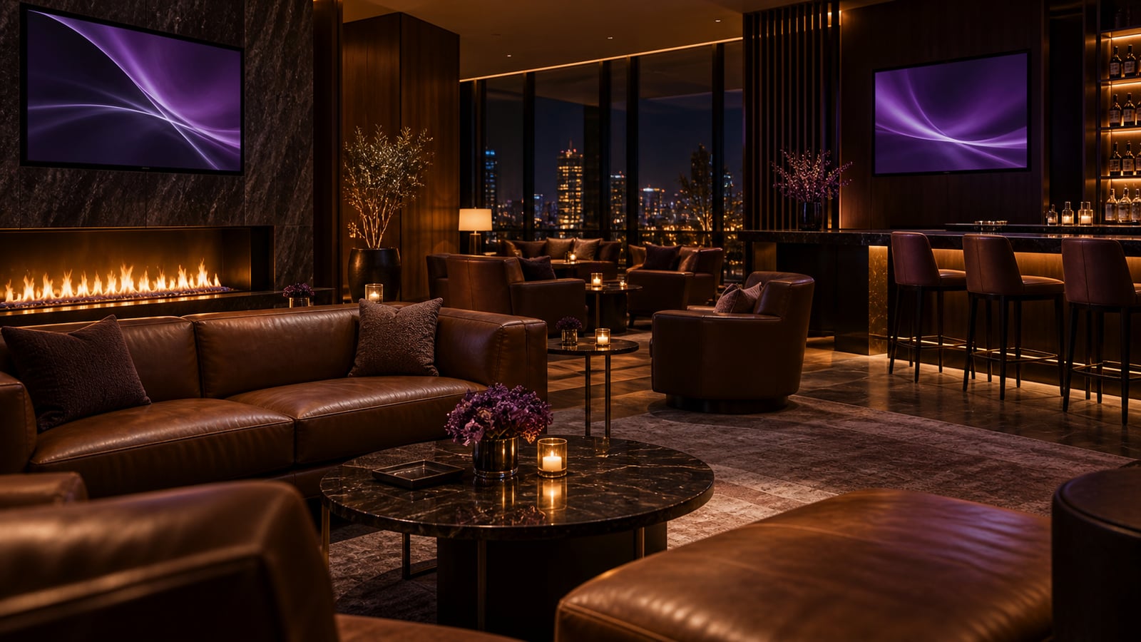 Illustrative venue scene: Venue photo — multiple screens showing coordinated branded graphics (16:9)