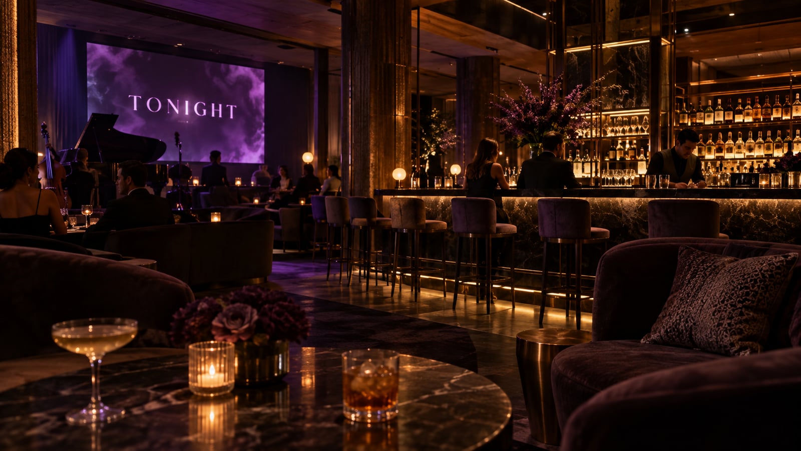 Illustrative venue scene: Venue photo — nightclub with promotional screen graphic visible (16:9)